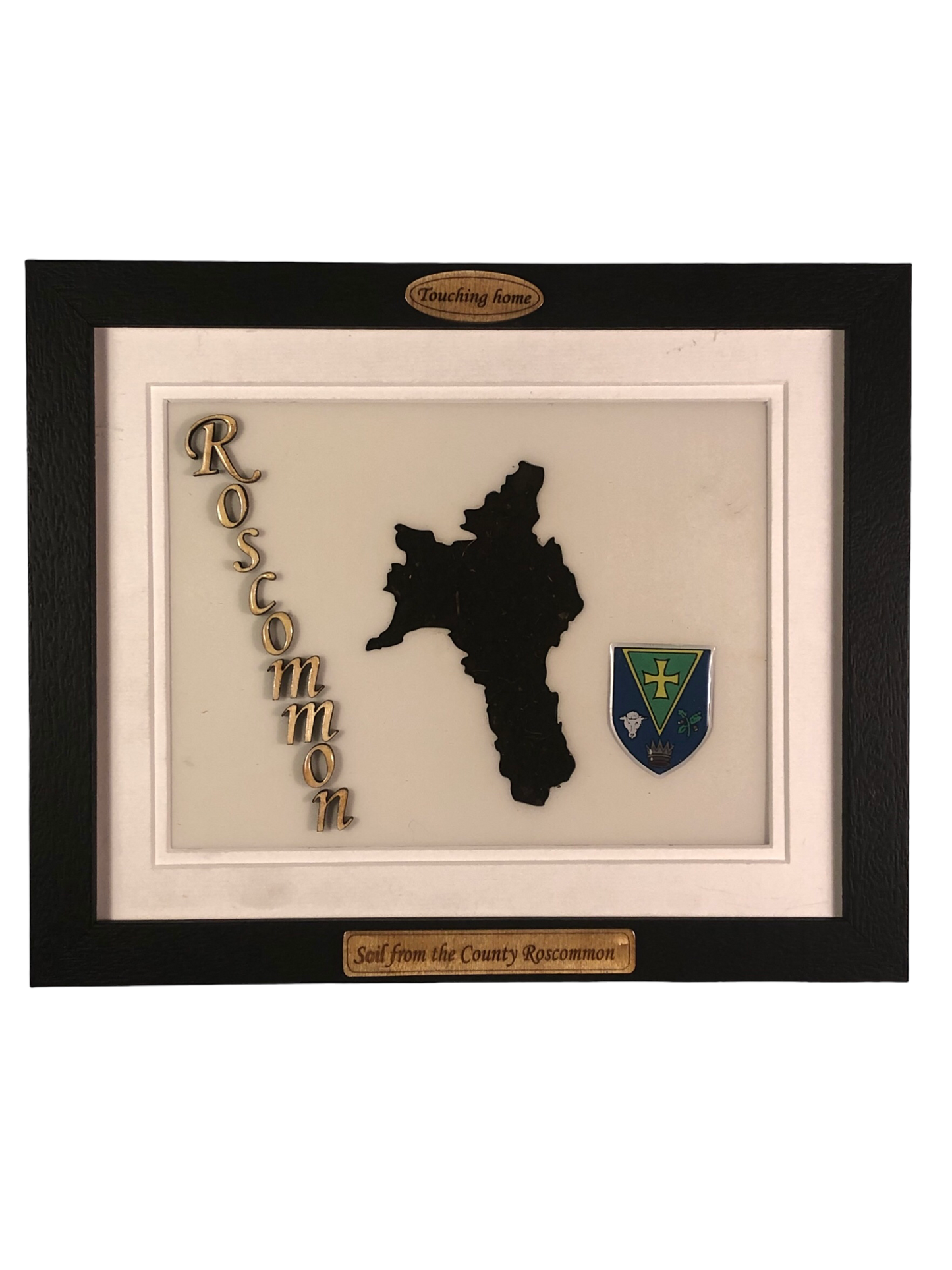 County Roscommon white wood style plaque with authentic Roscommon soil encased and displayed within