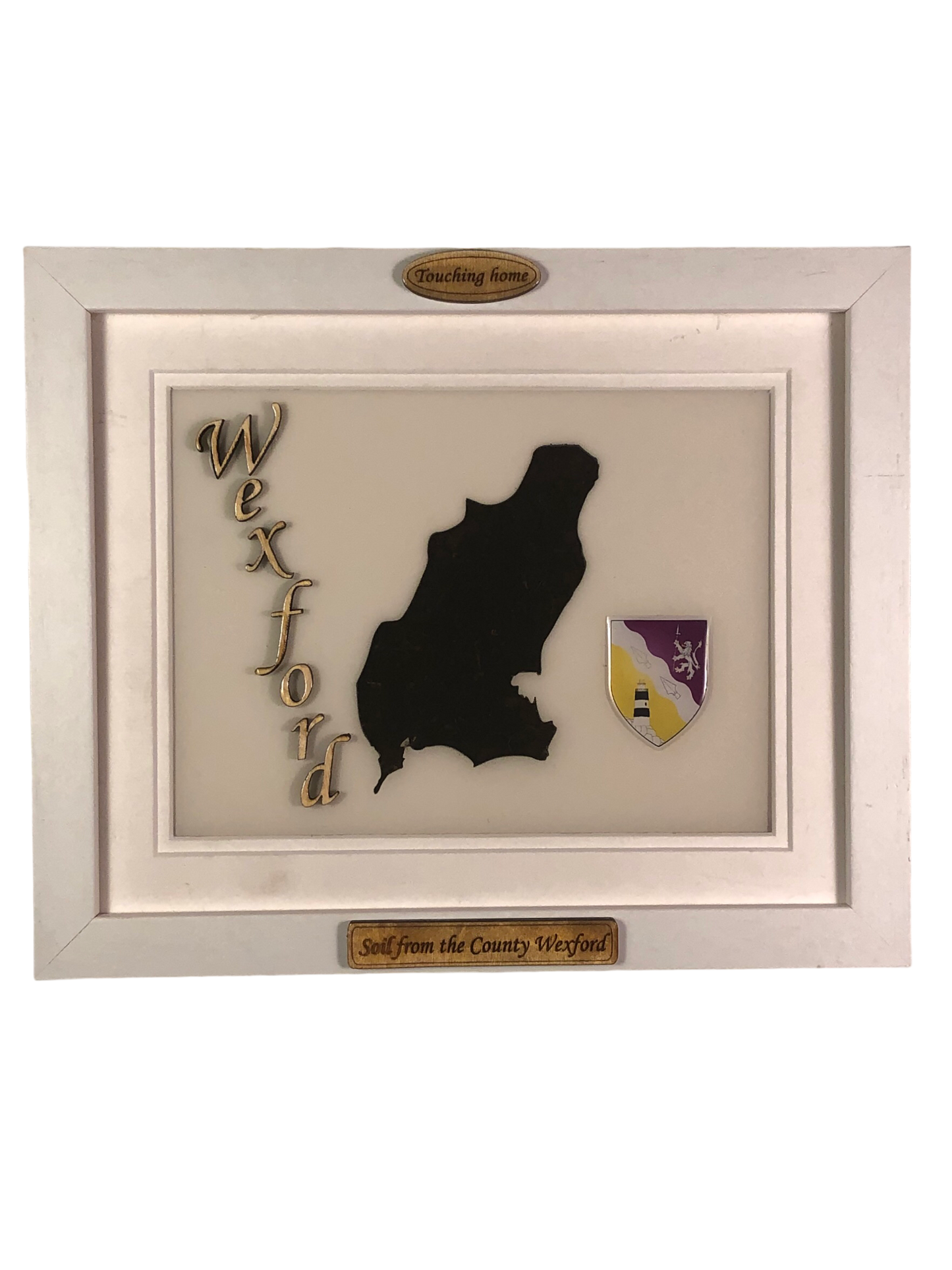 County Wexford white wood style plaque with authentic Wexford soil encased and displayed within