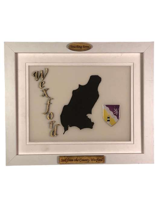 County Wexford white wood style plaque with authentic Wexford soil encased and displayed within