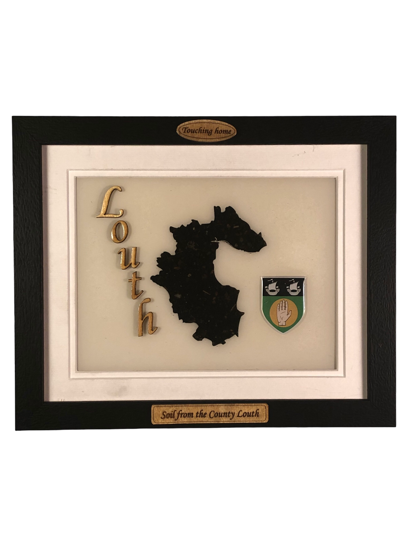 County Louth white wood style plaque with authentic Louth soil encased and displayed within