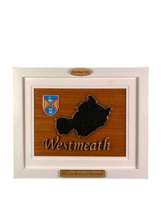 County Westmeath wooden raised border style plaque with authentic Westmeath soil encased and displayed within