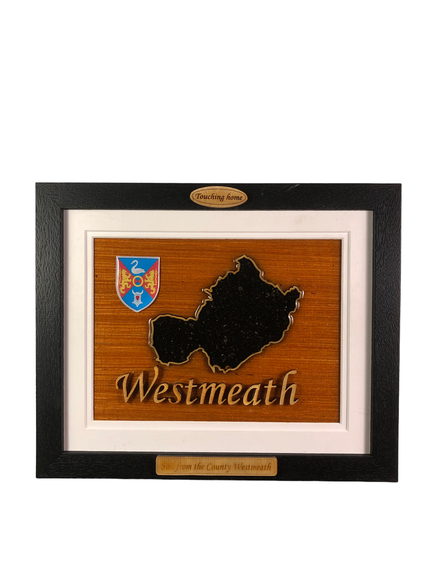 County Westmeath wooden raised border style plaque with authentic Westmeath soil encased and displayed within