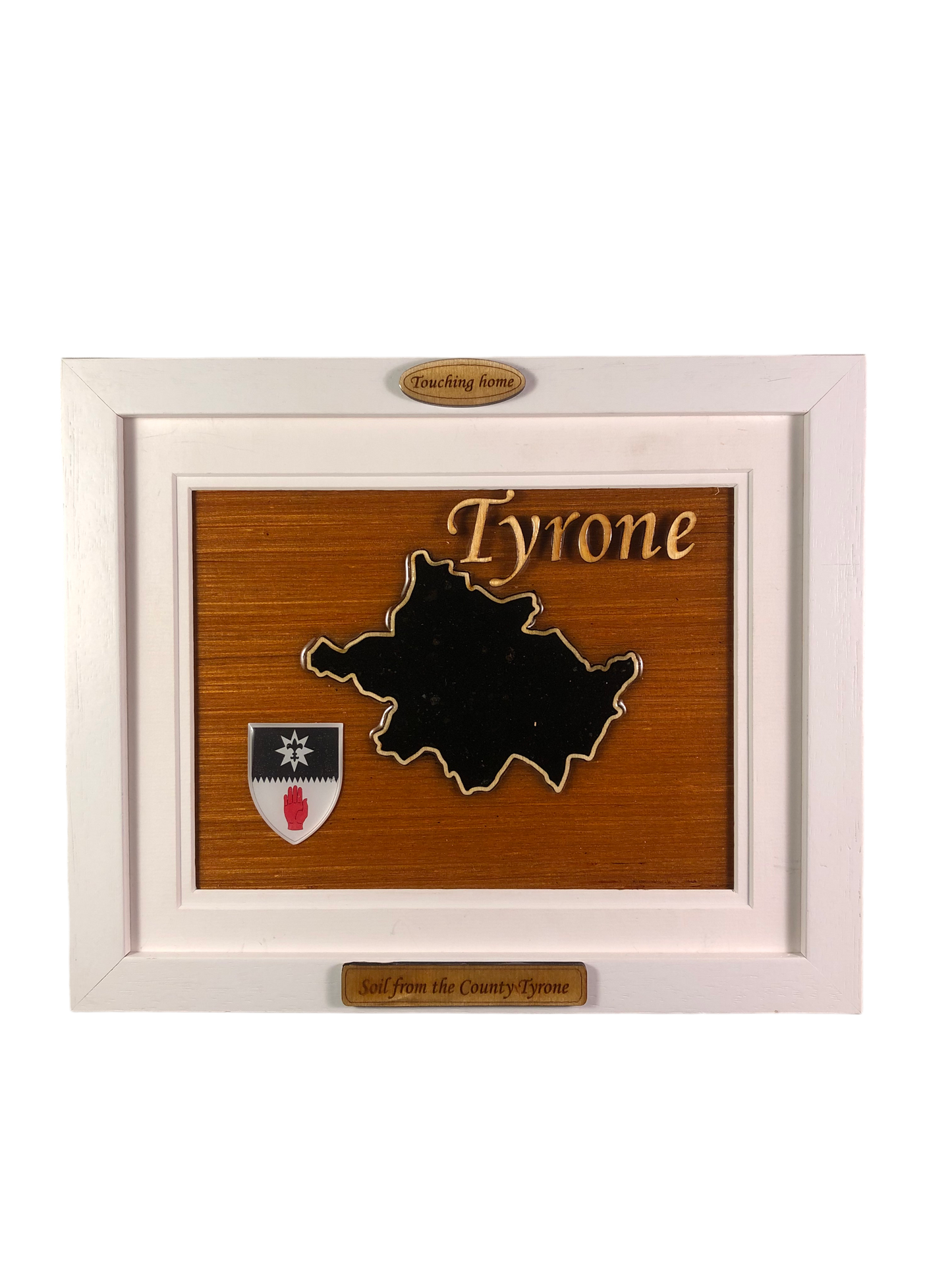 County Tyrone wooden raised border style plaque with authentic Tyrone soil encased and displayed within