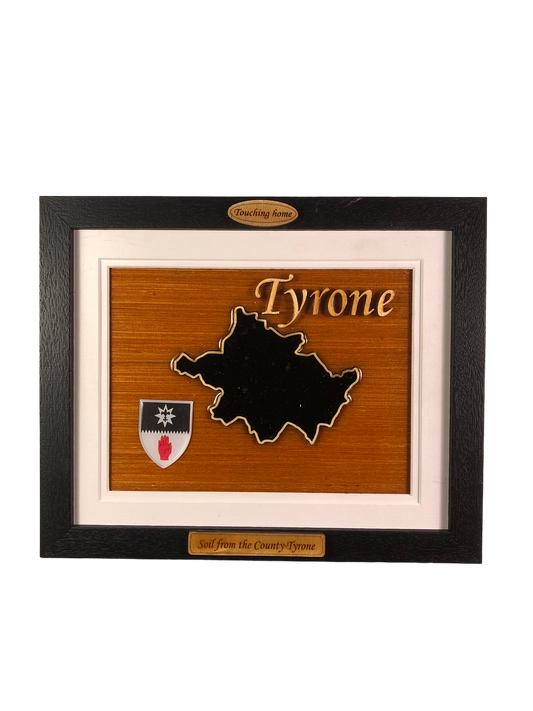 County Tyrone wooden raised border style plaque with authentic Tyrone soil encased and displayed within