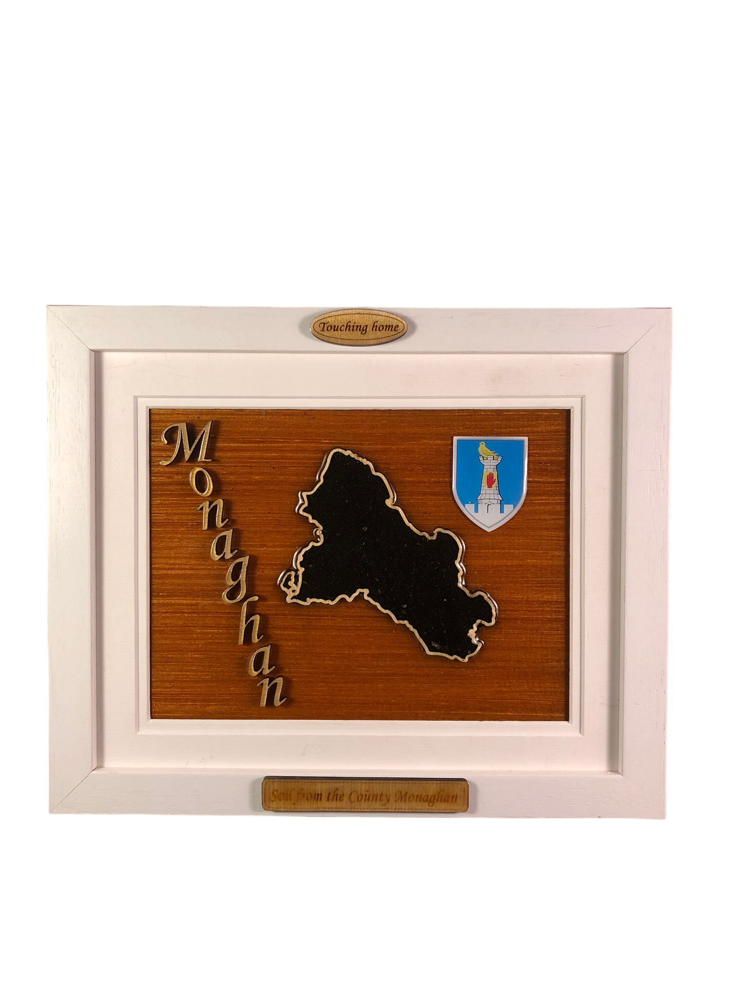 County Monaghan wooden raised border style plaque with authentic Monaghan soil encased and displayed within