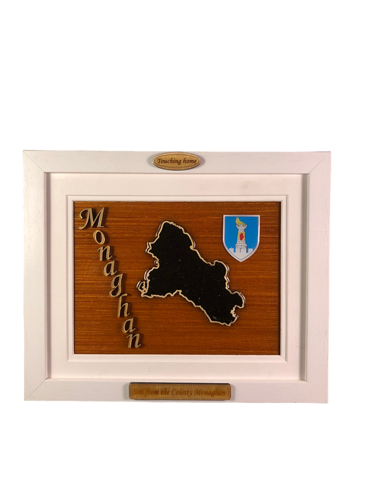 County Monaghan wooden raised border style plaque with authentic Monaghan soil encased and displayed within