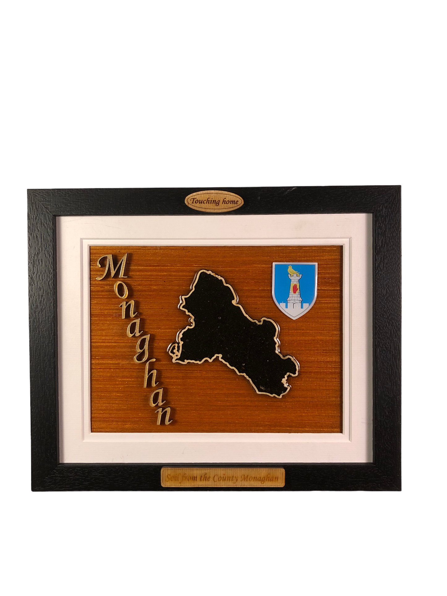 County Monaghan wooden raised border style plaque with authentic Monaghan soil encased and displayed within