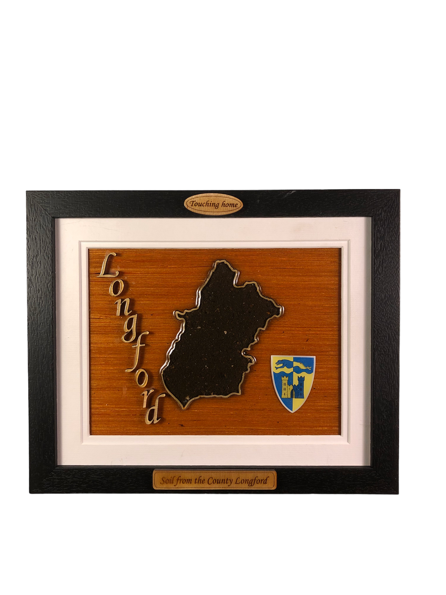 County Longford wooden raised border style plaque with authentic Longford soil encased and displayed within