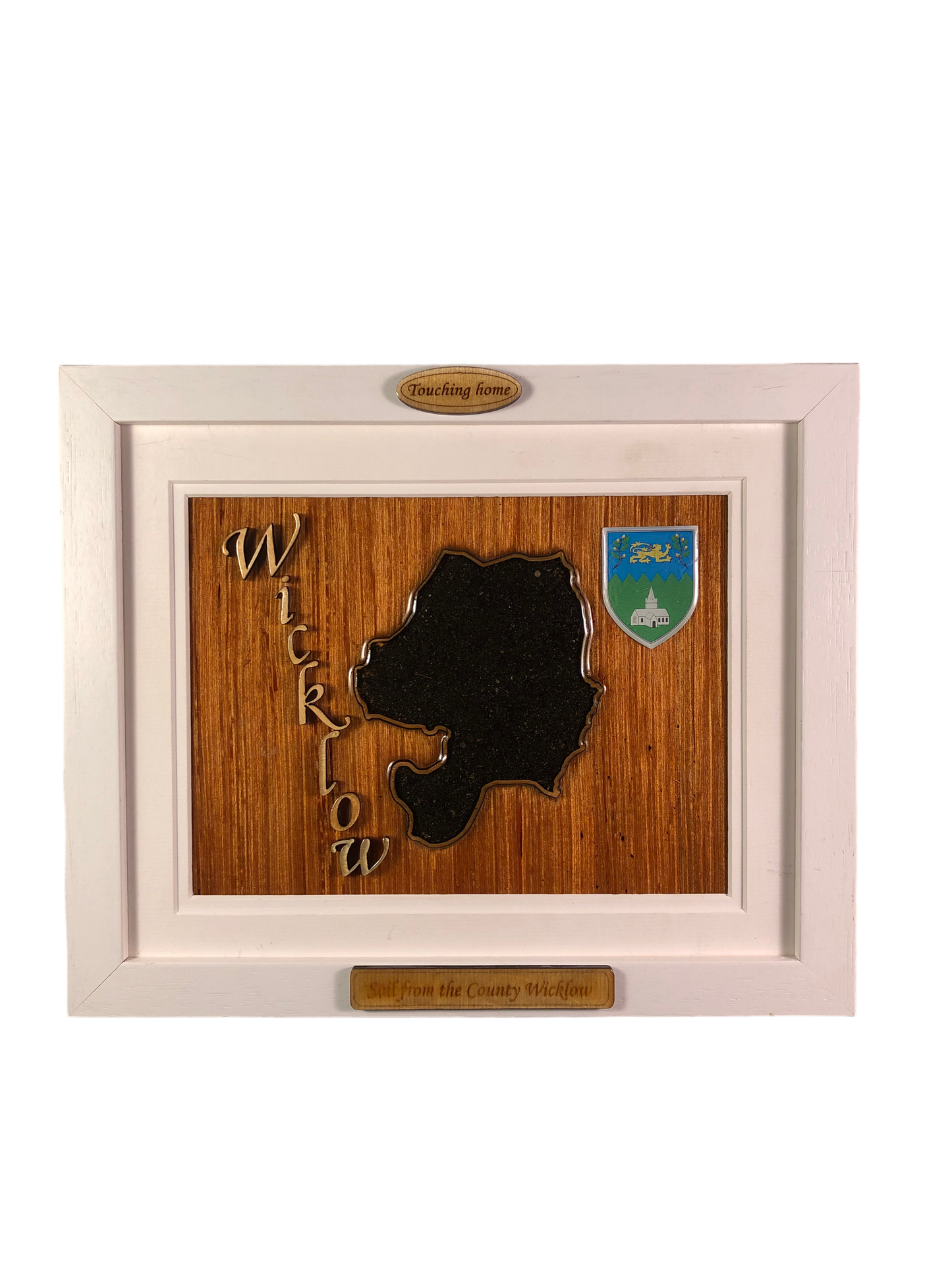 County Wicklow wooden raised border style plaque with authentic Wicklow soil encased and displayed within