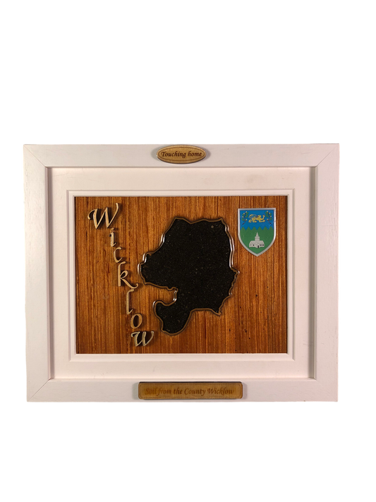 County Wicklow wooden raised border style plaque with authentic Wicklow soil encased and displayed within