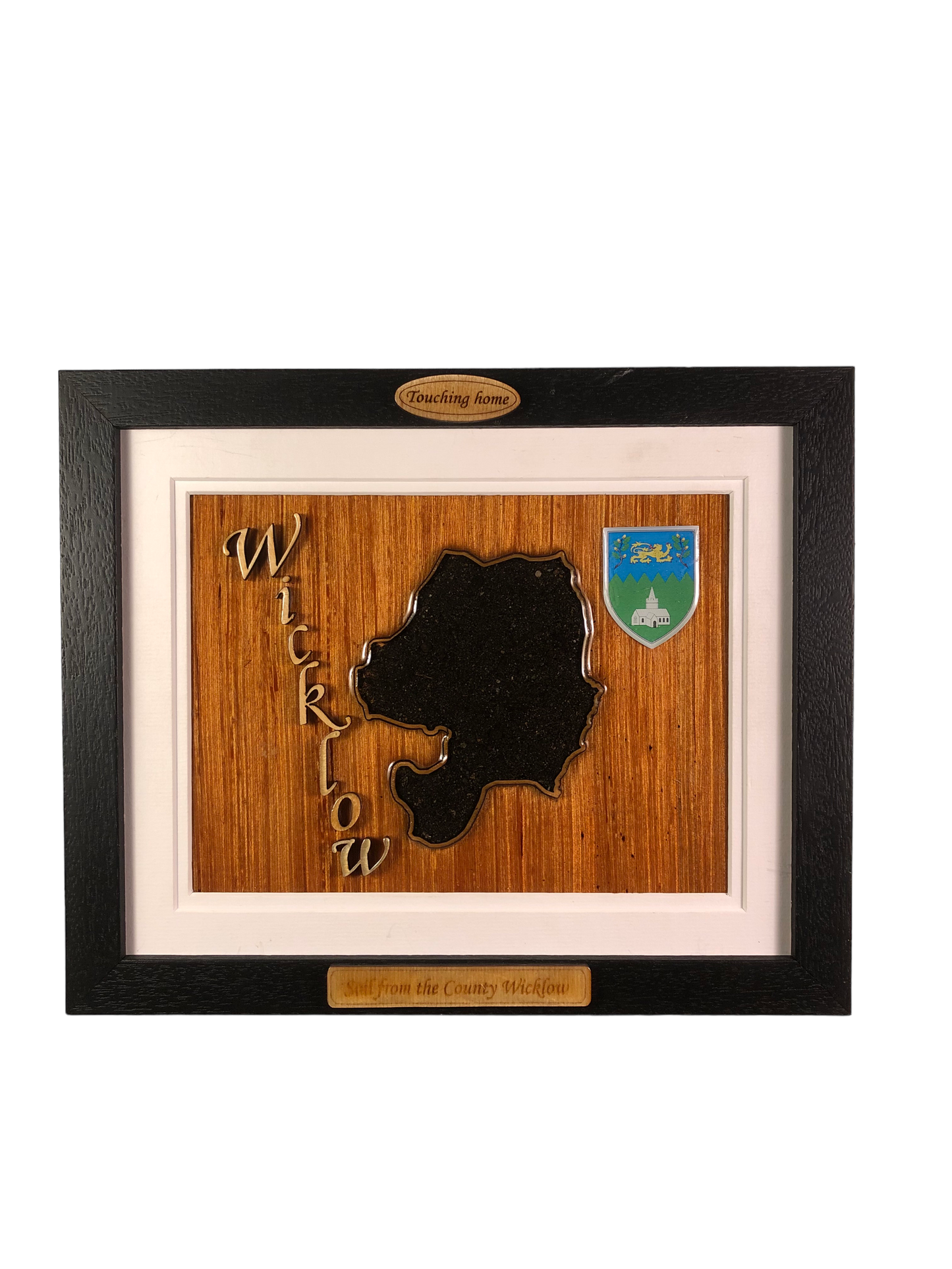 County Wicklow wooden raised border style plaque with authentic Wicklow soil encased and displayed within