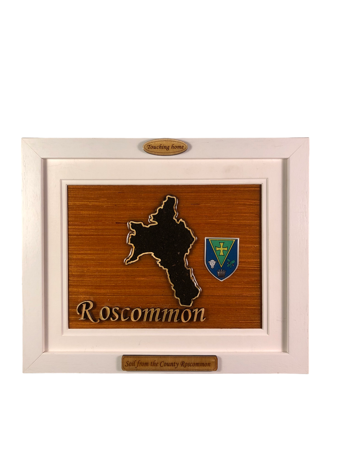 County Roscommon wooden raised border style plaque with authentic Roscommon soil encased and displayed within