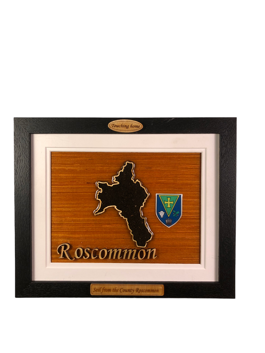 County Roscommon wooden raised border style plaque with authentic Roscommon soil encased and displayed within