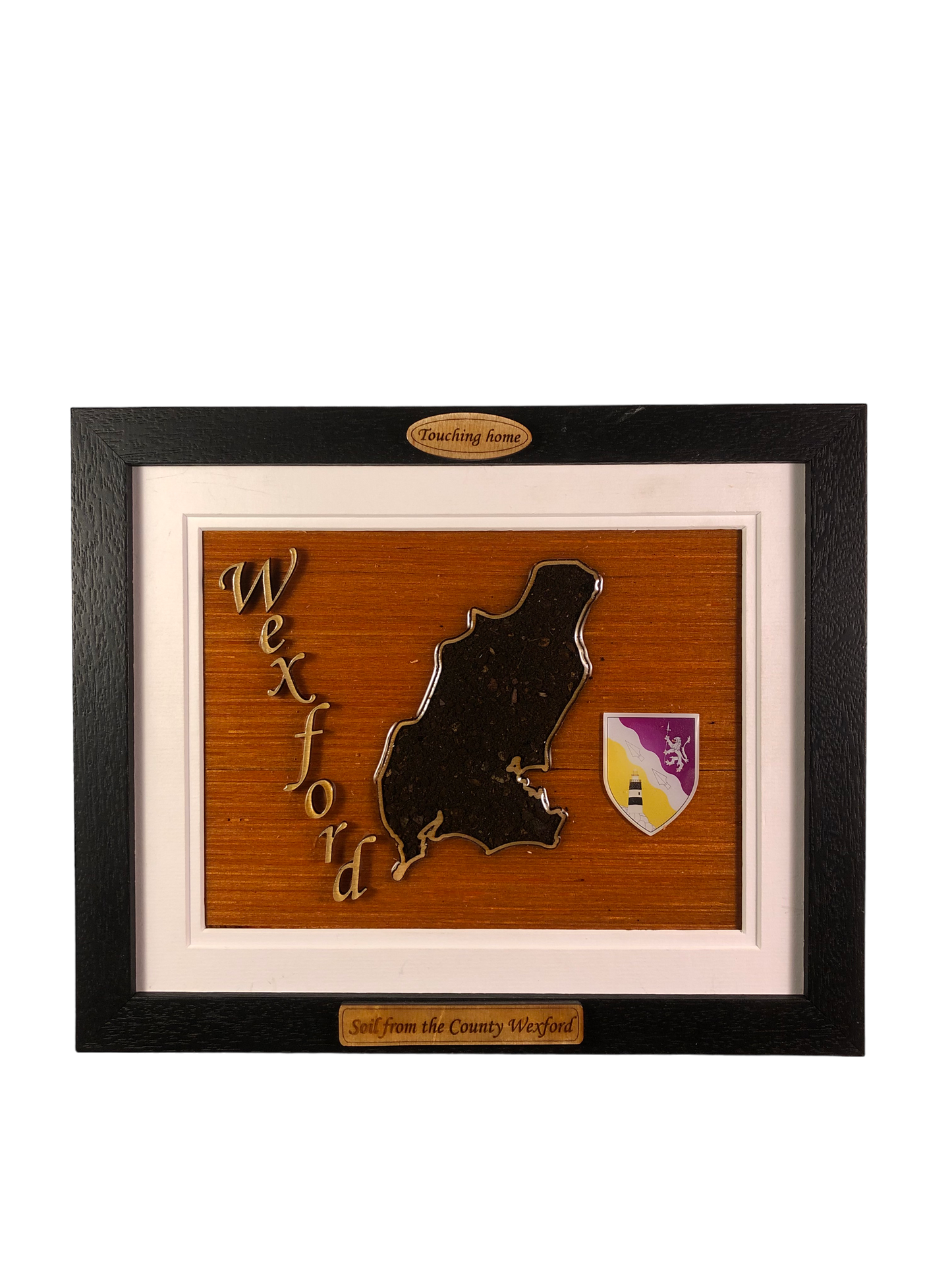 County Wexford wooden raised border style plaque with authentic Wexford soil encased and displayed within