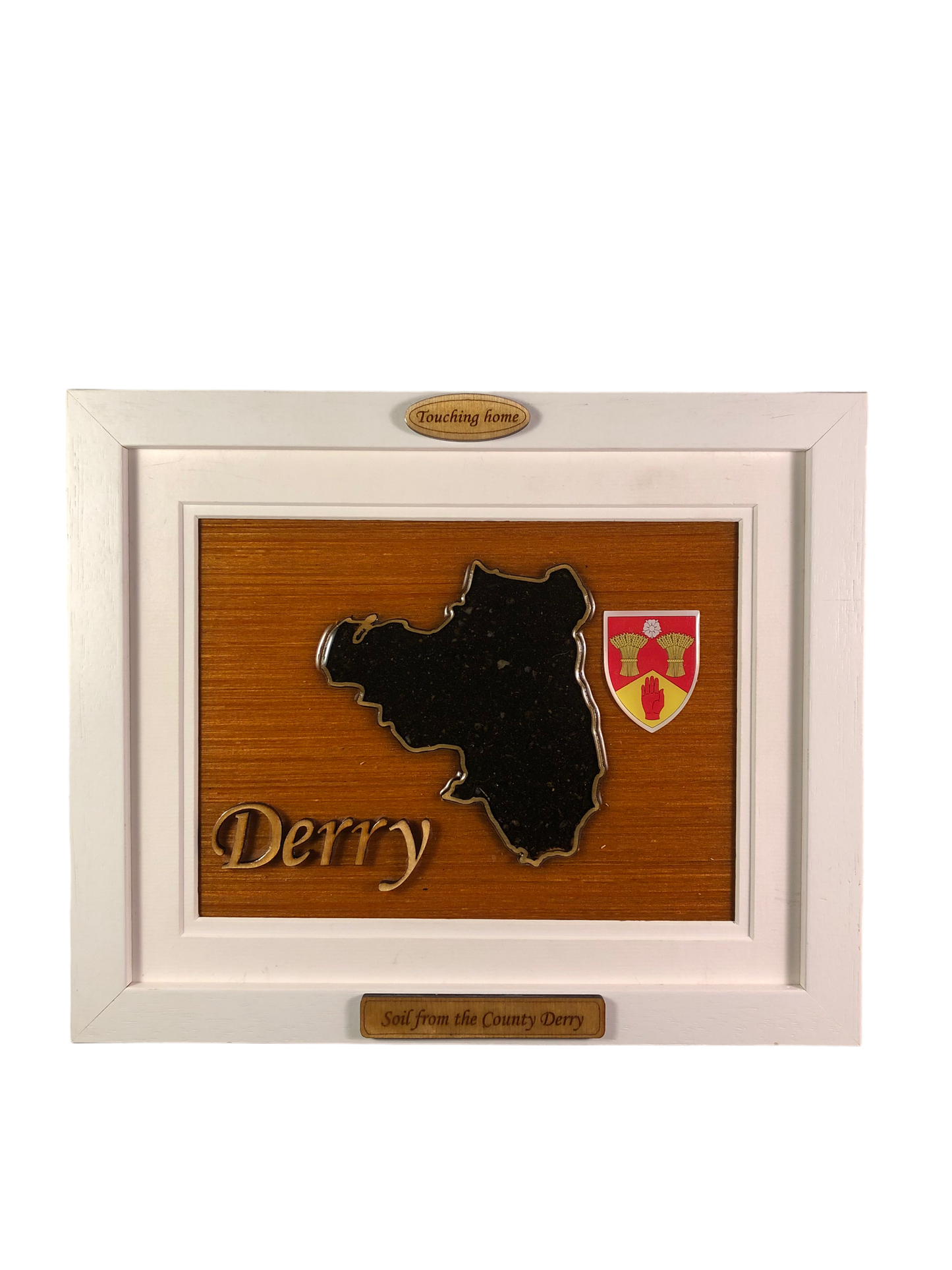 County Derry wooden raised border style plaque with authentic Derry soil encased and displayed within