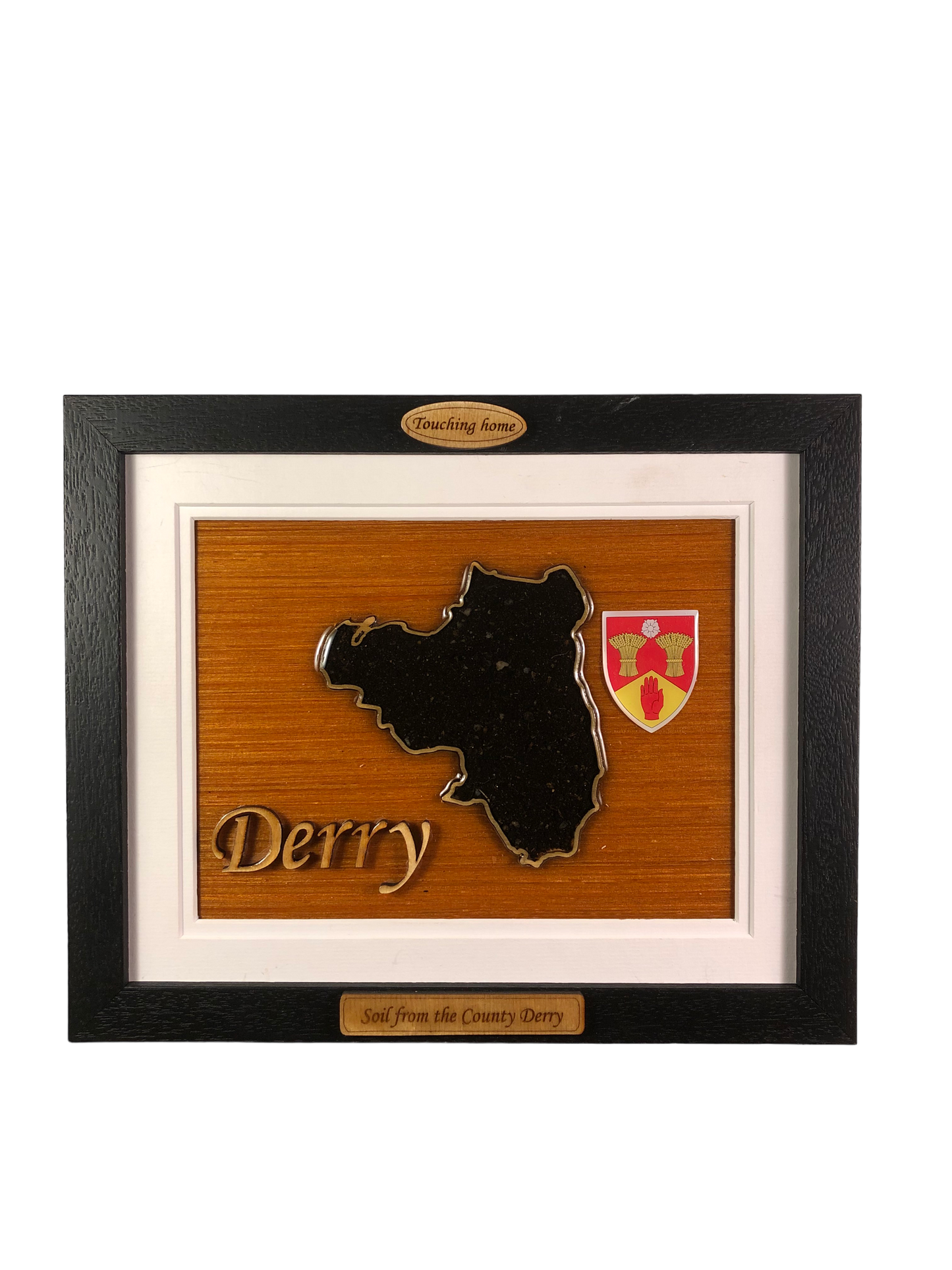 County Derry wooden raised border style plaque with authentic Derry soil encased and displayed within