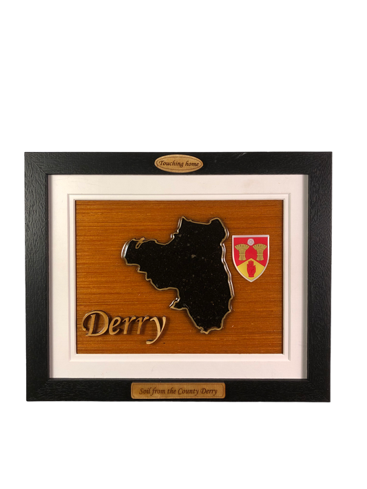 County Derry wooden raised border style plaque with authentic Derry soil encased and displayed within