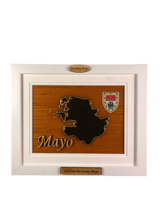 County Mayo wooden raised border style plaque with authentic Mayo soil encased and displayed within