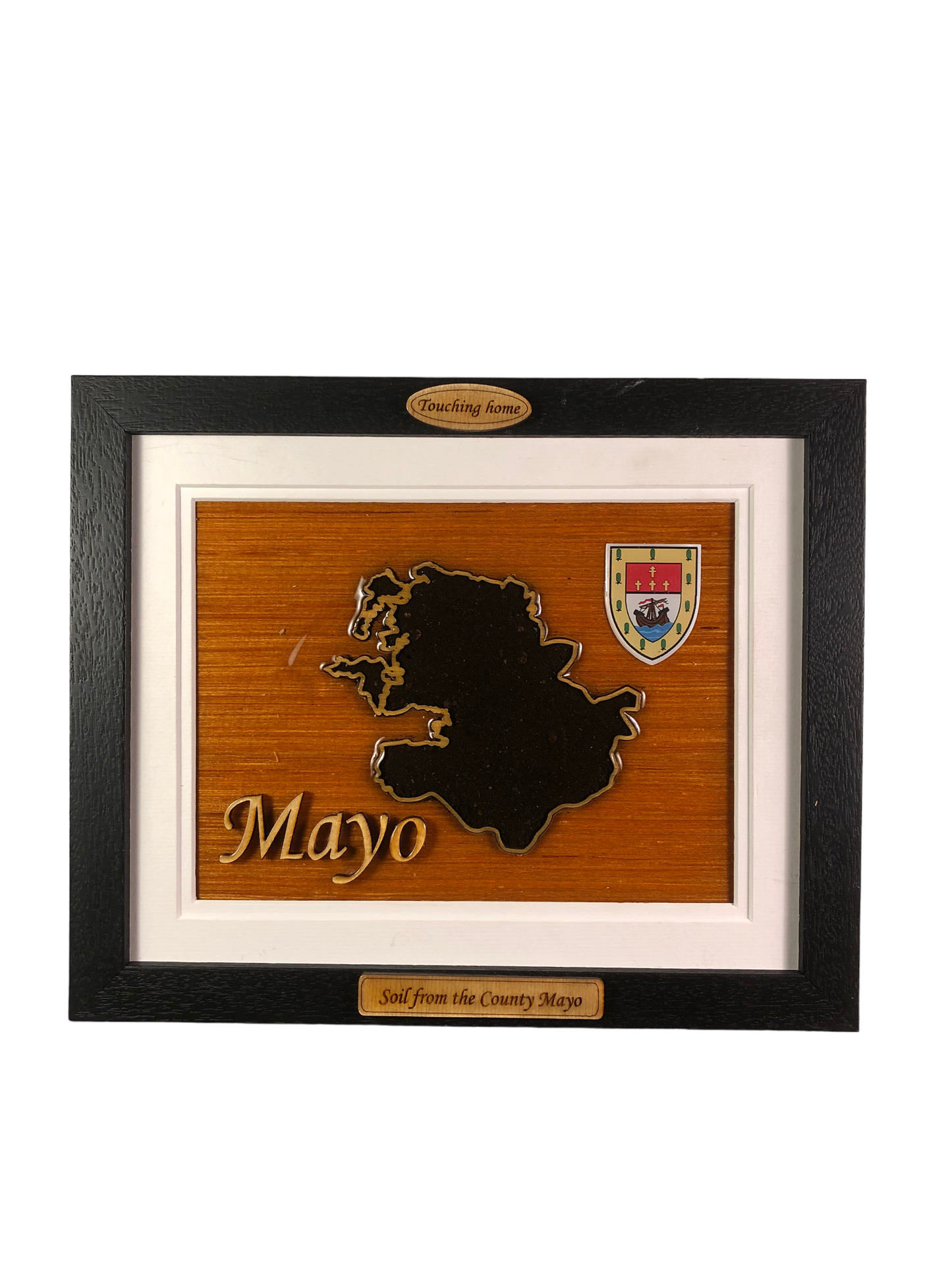 County Mayo wooden raised border style plaque with authentic Mayo soil encased and displayed within