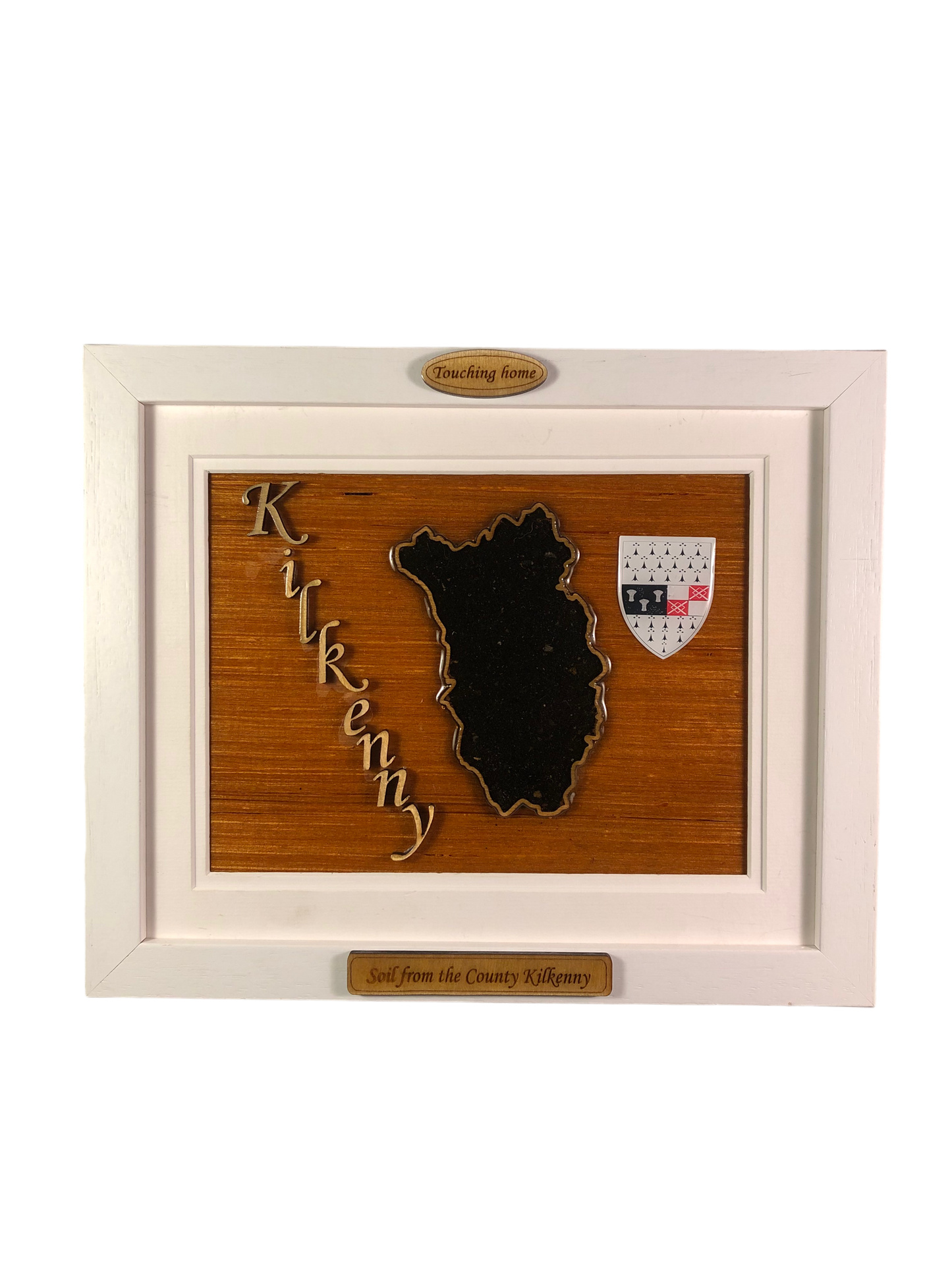 County Kilkenny wooden raised border style plaque with authentic Kilkenny soil encased and displayed within