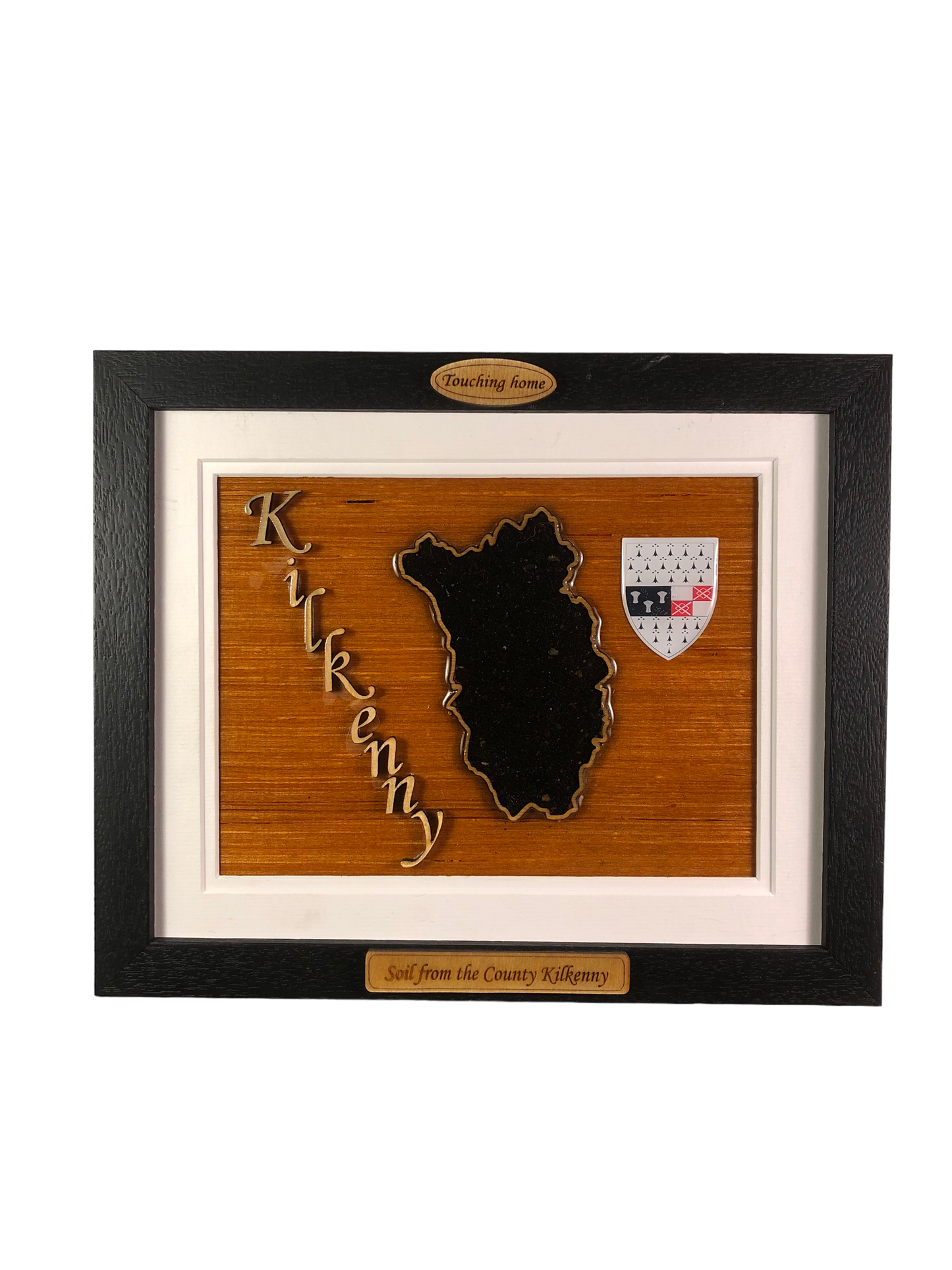 County Kilkenny wooden raised border style plaque with authentic Kilkenny soil encased and displayed within