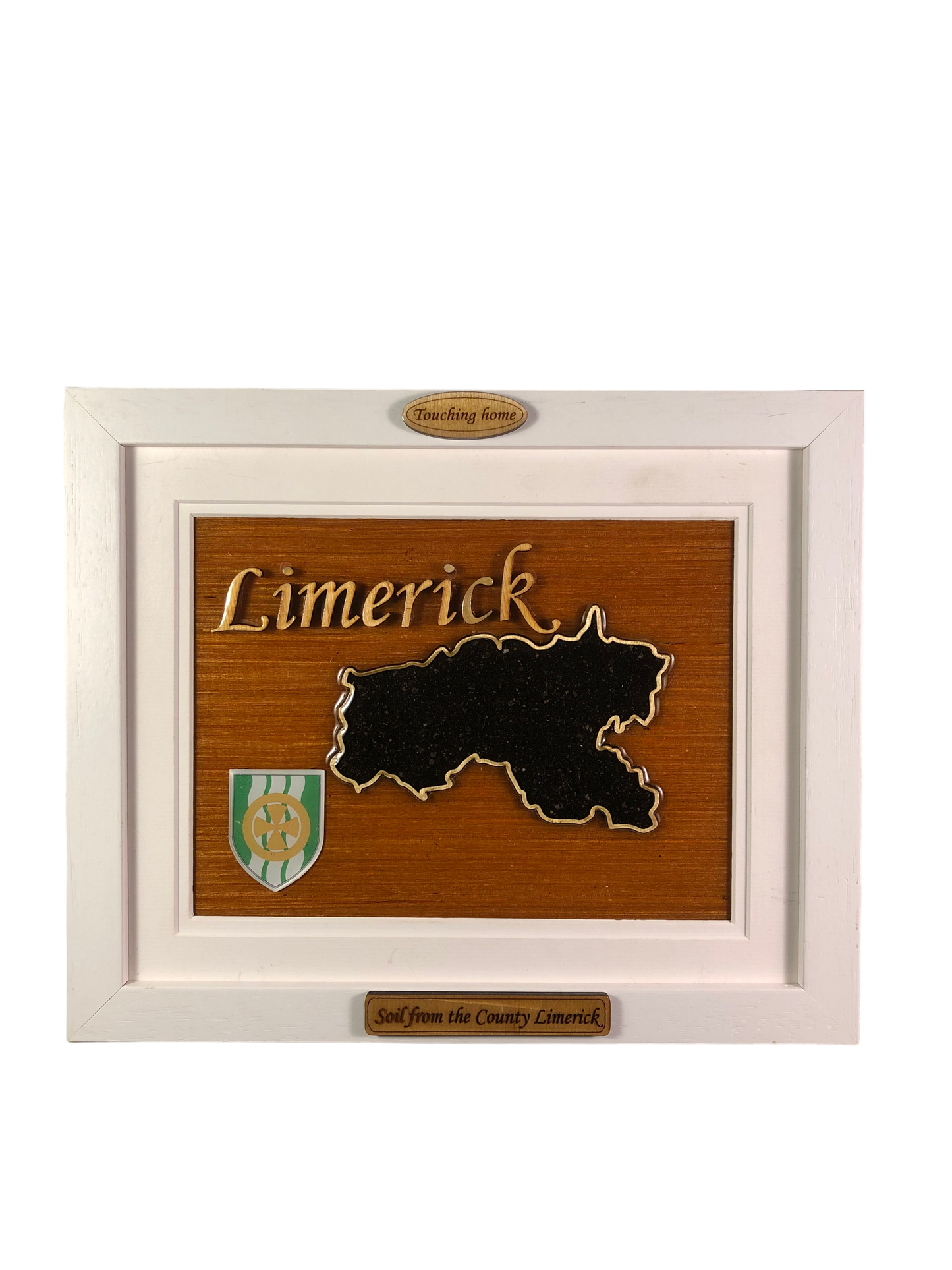 County Limerick wooden raised border style plaque with authentic Limerick soil encased and displayed within