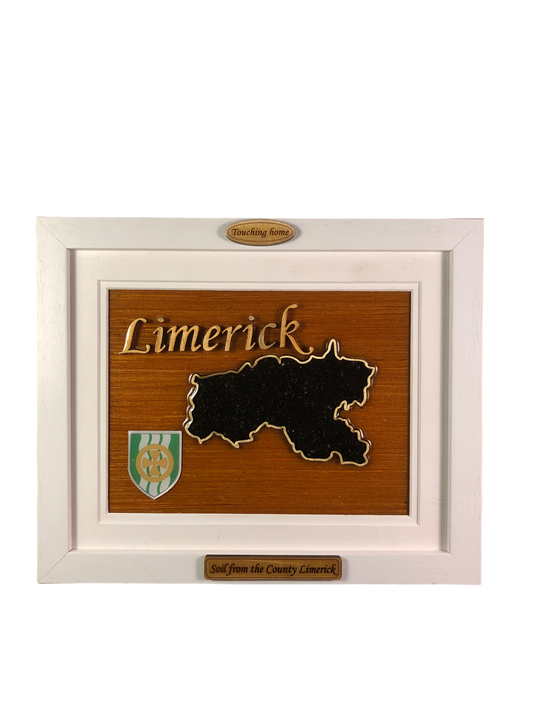 County Limerick wooden raised border style plaque with authentic Limerick soil encased and displayed within