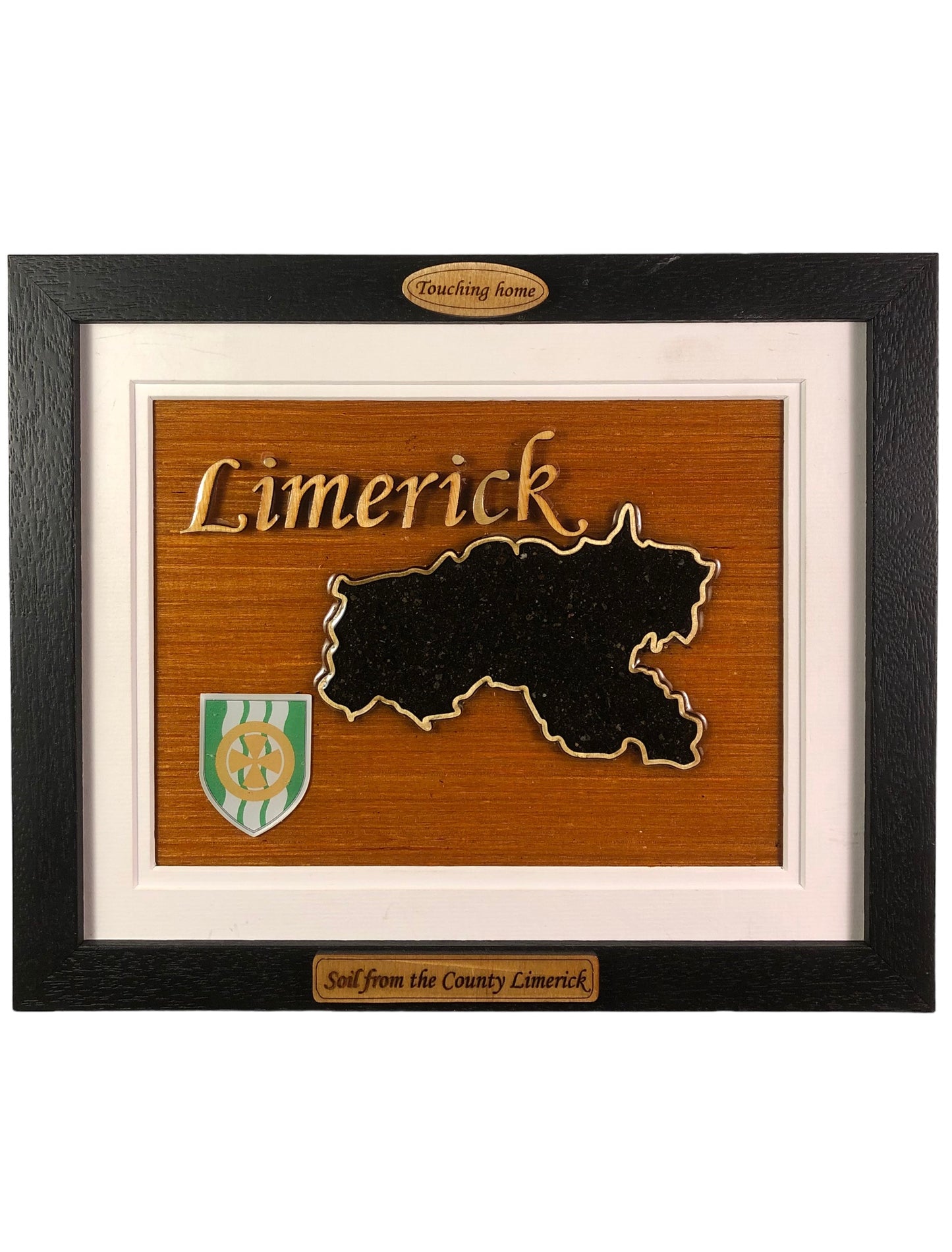 County Limerick wooden raised border style plaque with authentic Limerick soil encased and displayed within