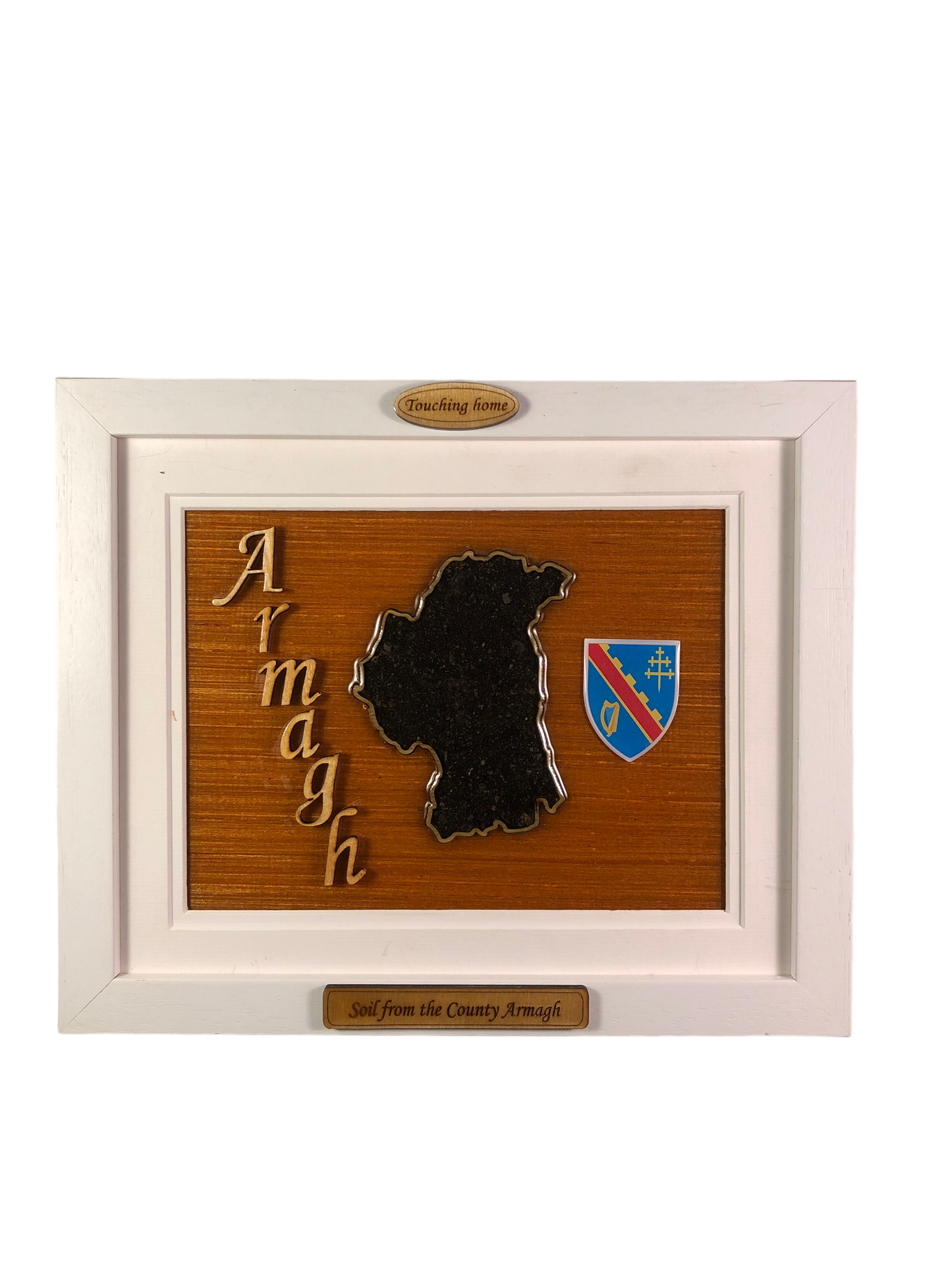 County Armagh wooden raised border style plaque with authentic Armagh soil encased and displayed within