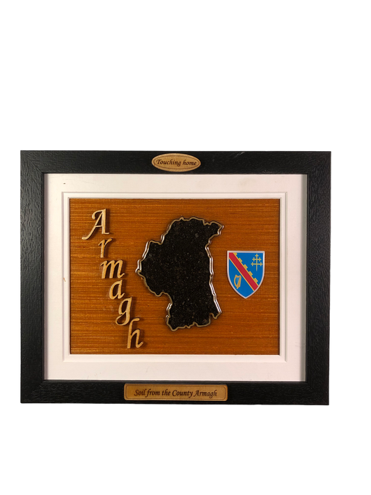 County Armagh wooden raised border style plaque with authentic Armagh soil encased and displayed within