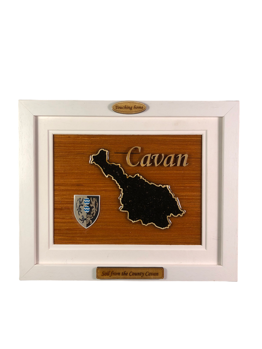 County Cavan wooden raised border style plaque with authentic Cavan soil encased and displayed within