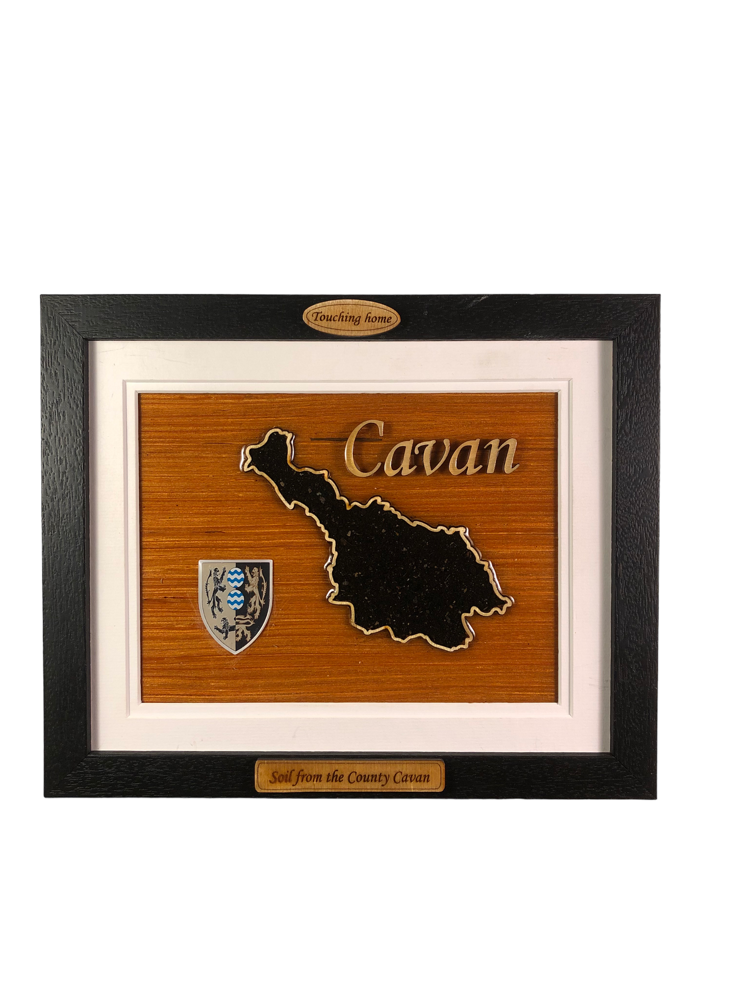 County Cavan wooden raised border style plaque with authentic Cavan soil encased and displayed within