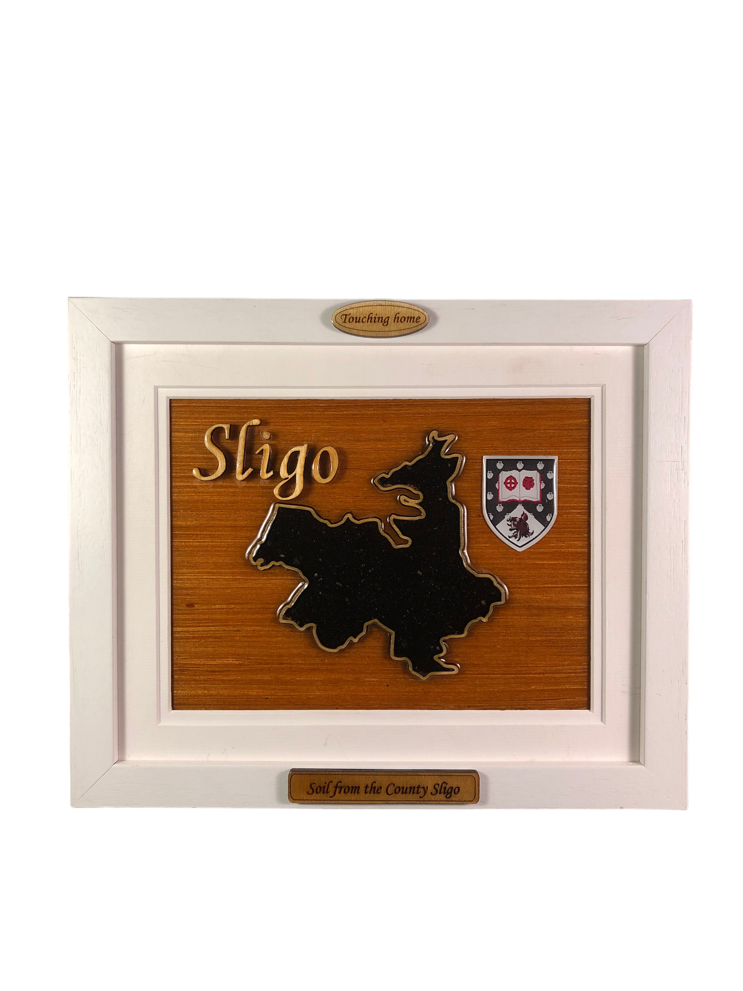 County Sligo wooden raised border style plaque with authentic Sligo soil encased and display within