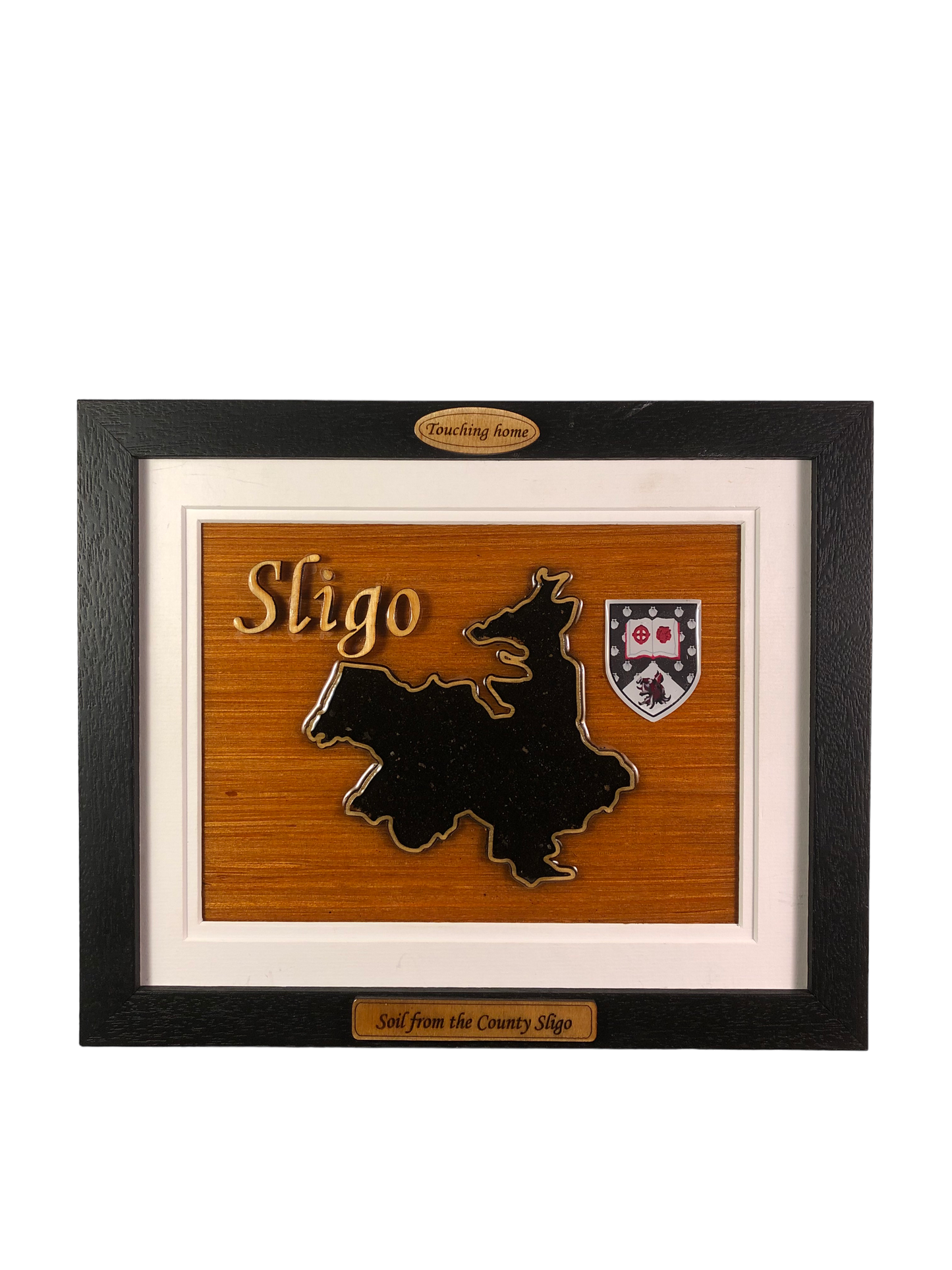 County Sligo wooden raised border style plaque with authentic Sligo soil encased and display within