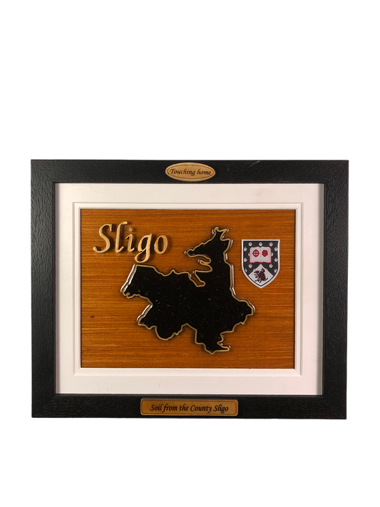 County Sligo wooden raised border style plaque with authentic Sligo soil encased and display within