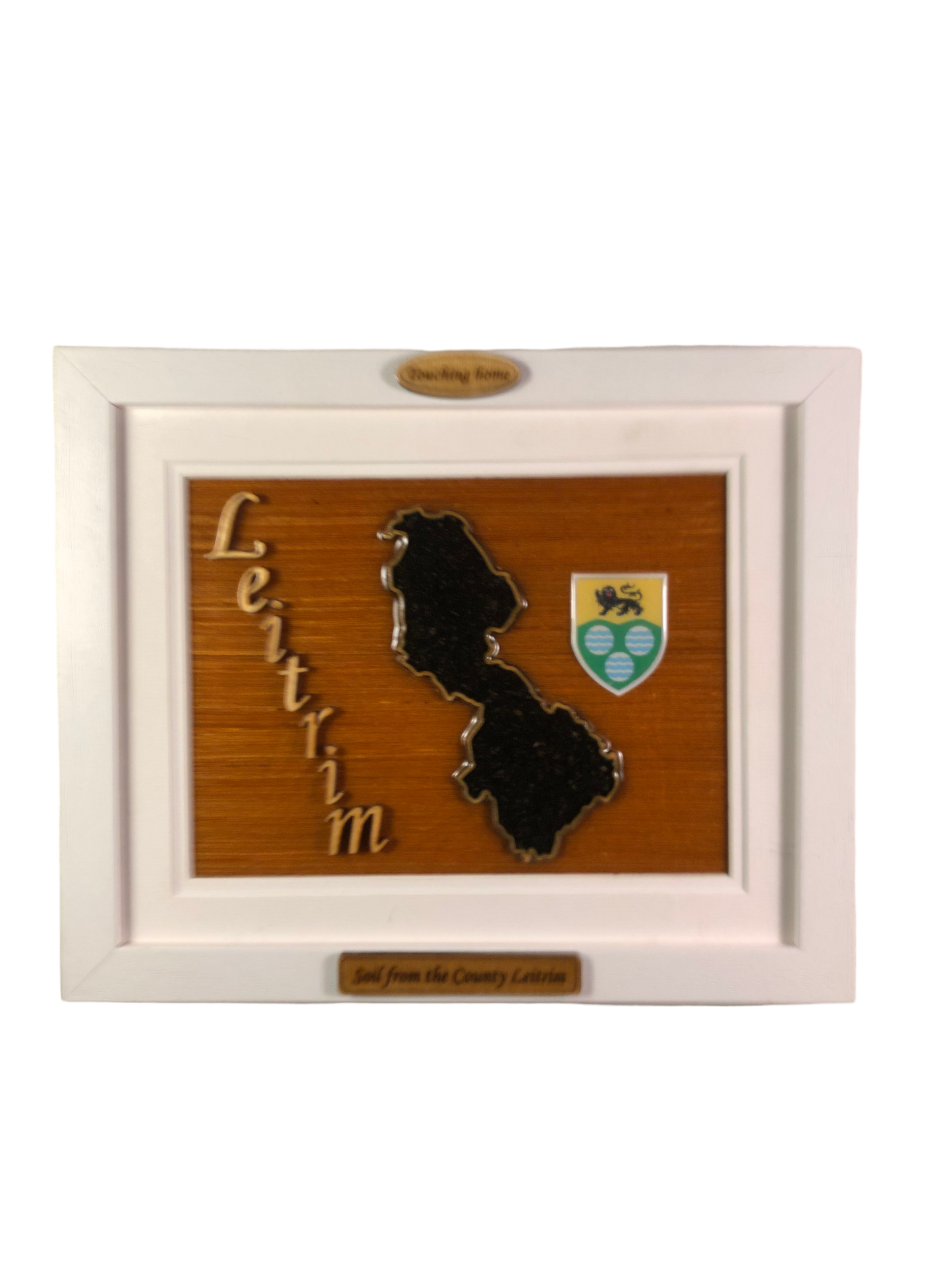 County Leitrim wooden raised border style plaque with authentic Leitrim soil encased and displayed within