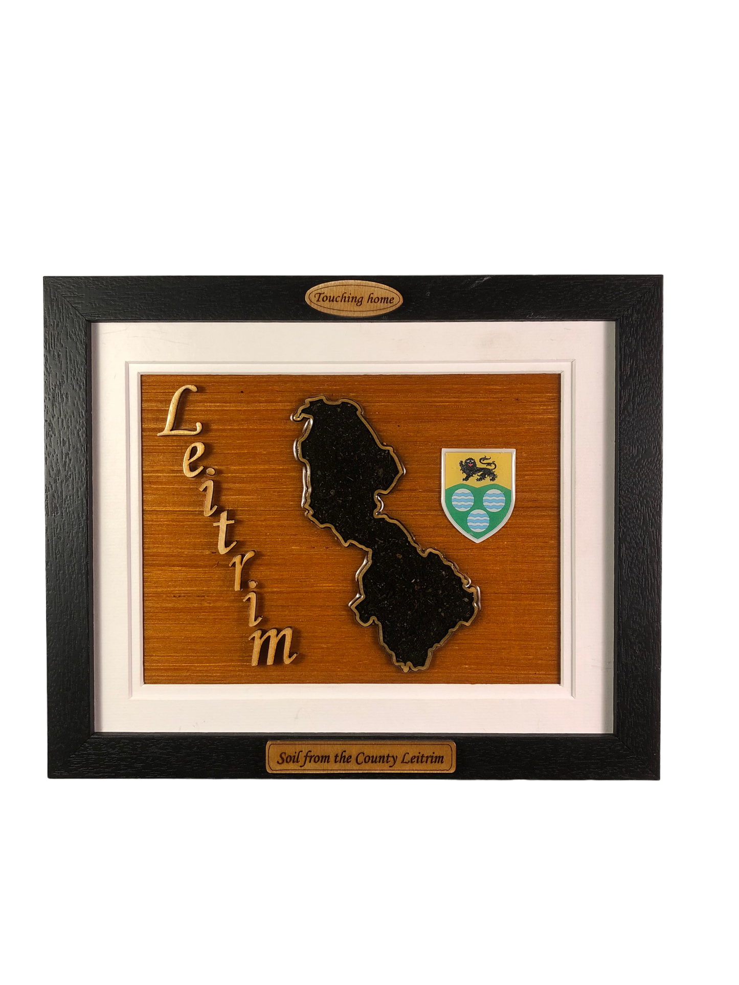 County Leitrim wooden raised border style plaque with authentic Leitrim soil encased and displayed within