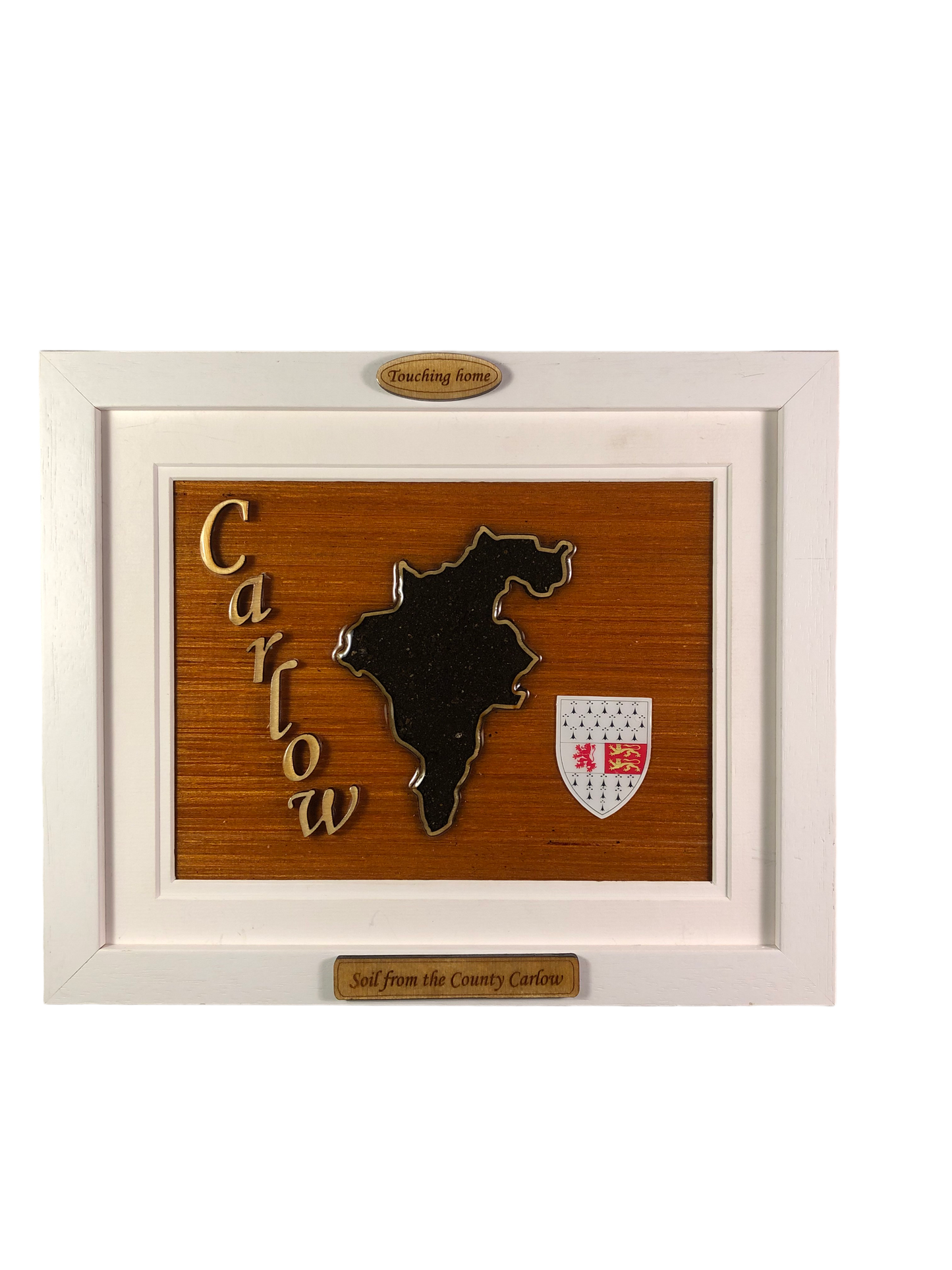 County Carlow wooden raised border style plaque with authentic Carlow soil encased and displayed within