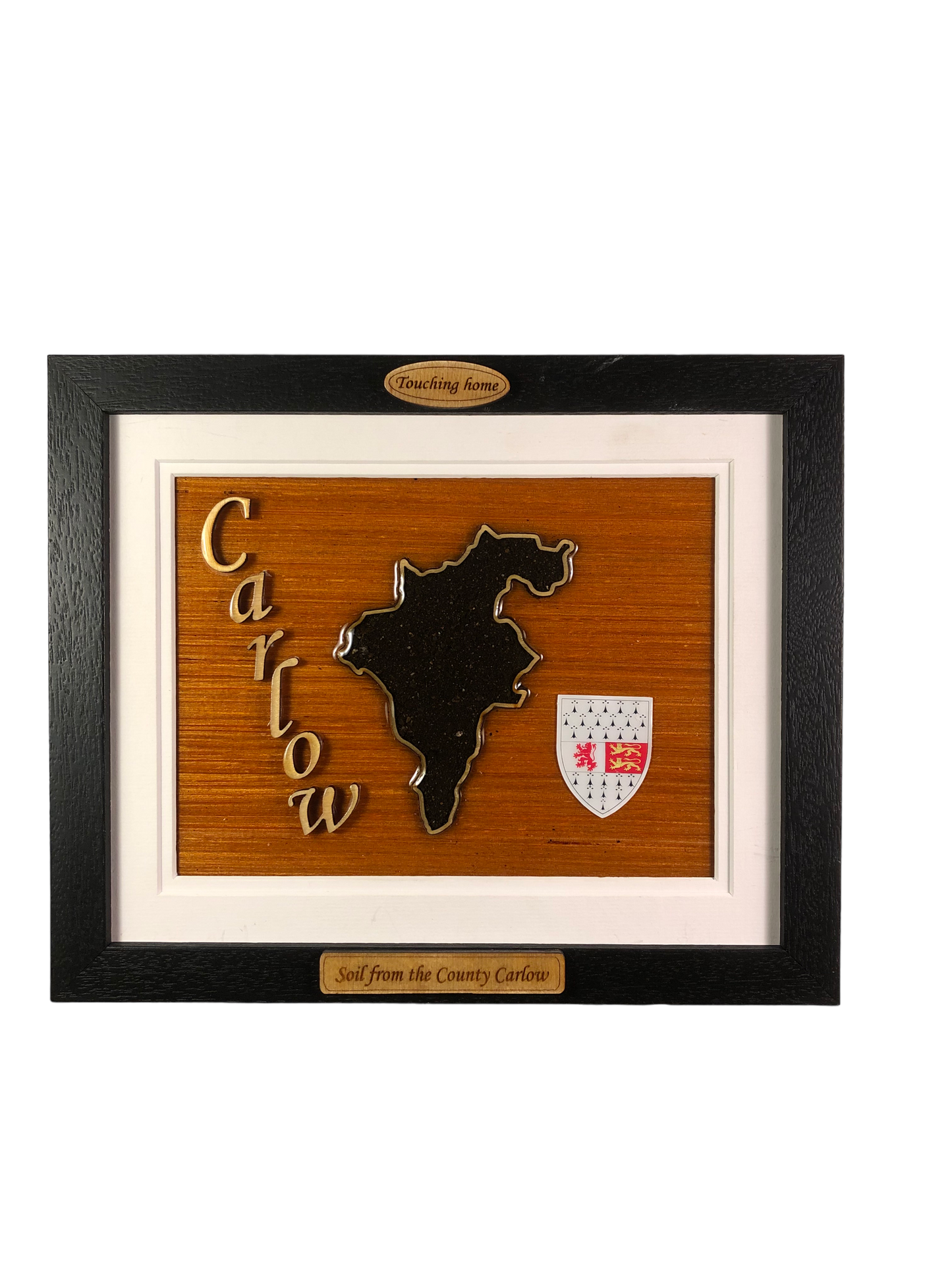 County Carlow wooden raised border style plaque with authentic Carlow soil encased and displayed within