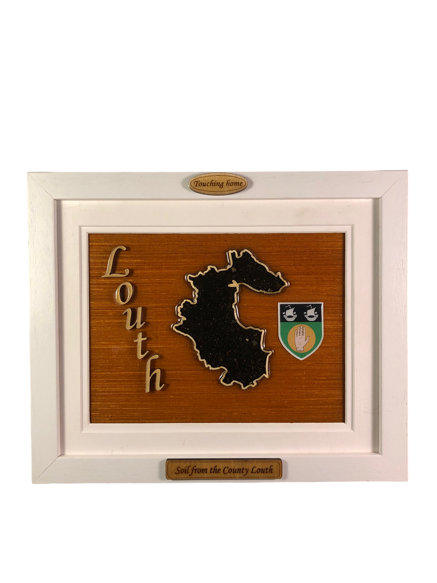 County Louth wooden raised border style plaque with authentic Louth soil encased and displayed within