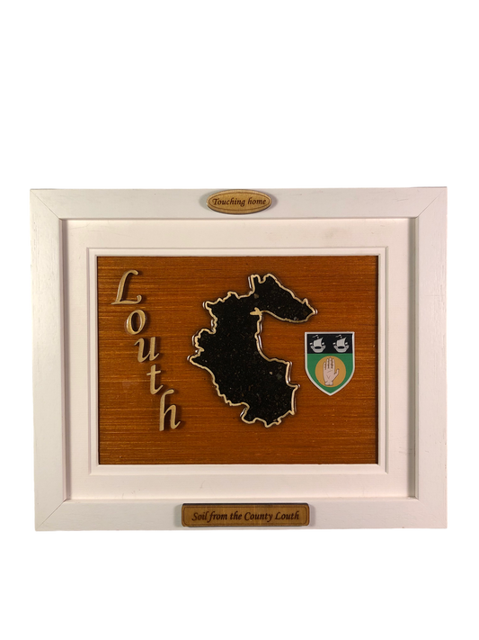 County Louth wooden raised border style plaque with authentic Louth soil encased and displayed within