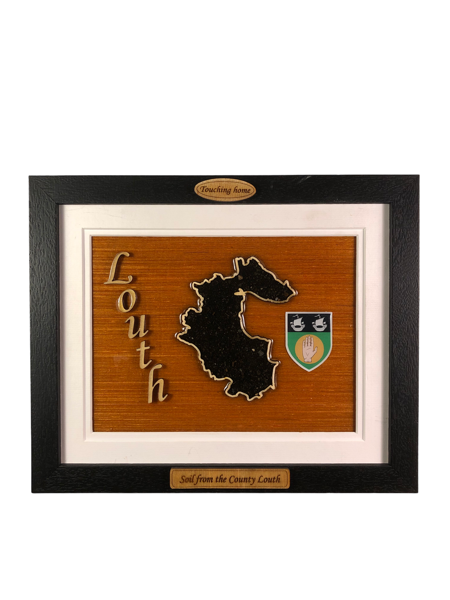 County Louth wooden raised border style plaque with authentic Louth soil encased and displayed within