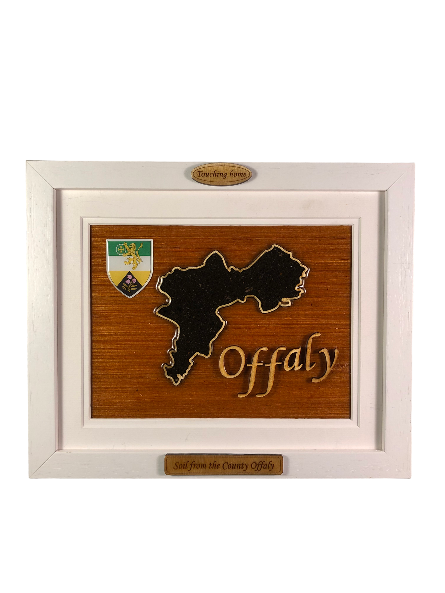 County Offaly wooden raised border style plaque with authentic Offaly soil encased and displayed within