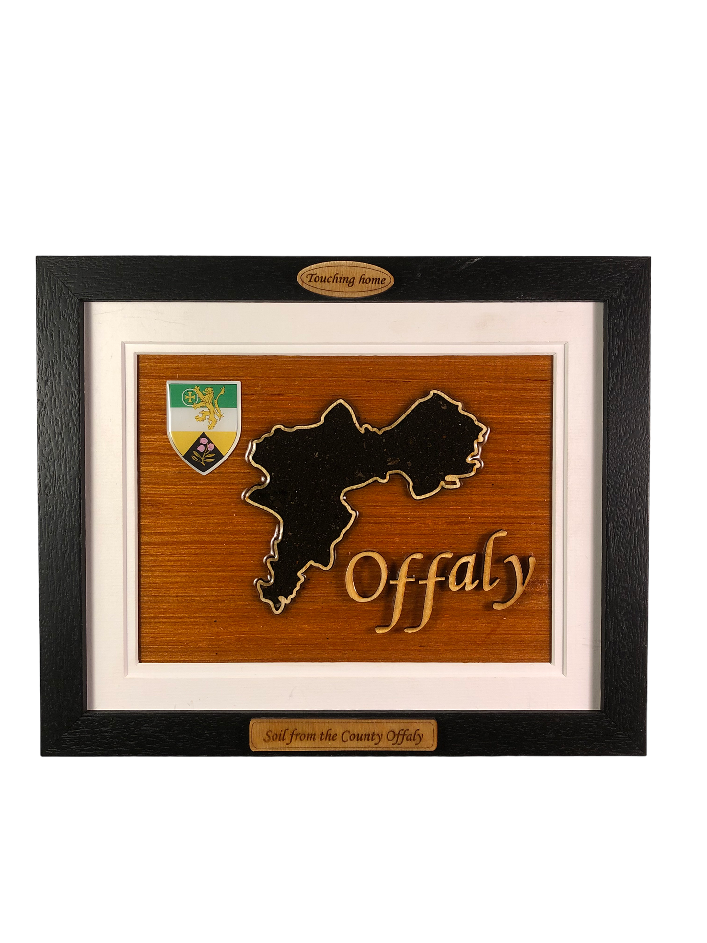 County Offaly wooden raised border style plaque with authentic Offaly soil encased and displayed within