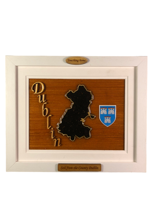 County Dublin wooden raised border style plaque with authentic Dublin soil encased and displayed within