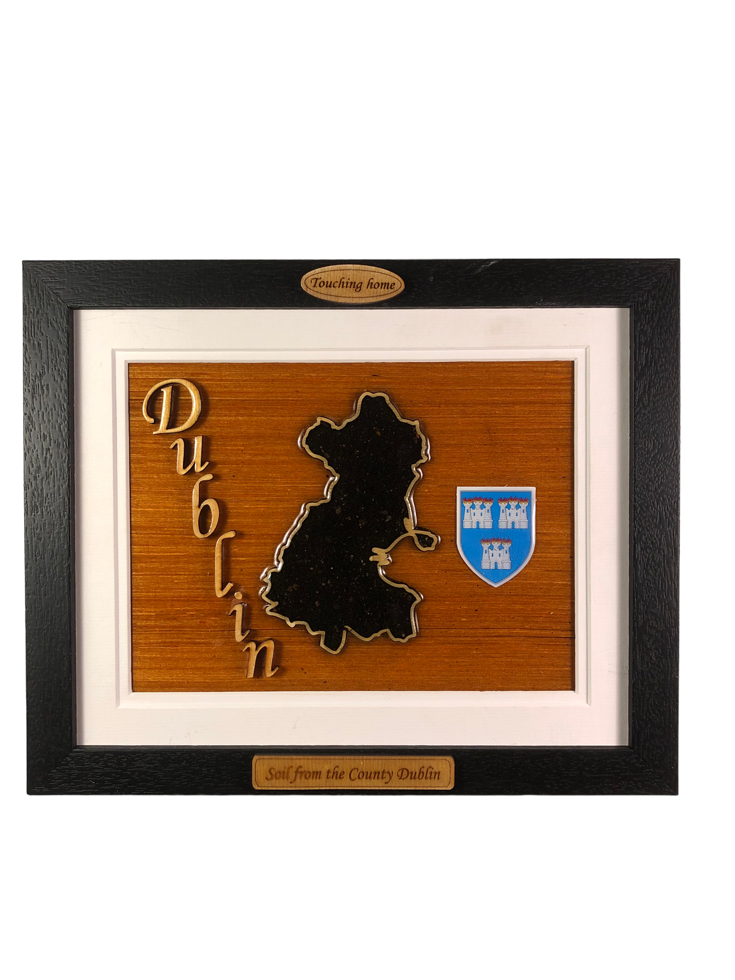 County Dublin wooden raised border style plaque with authentic Dublin soil encased and displayed within