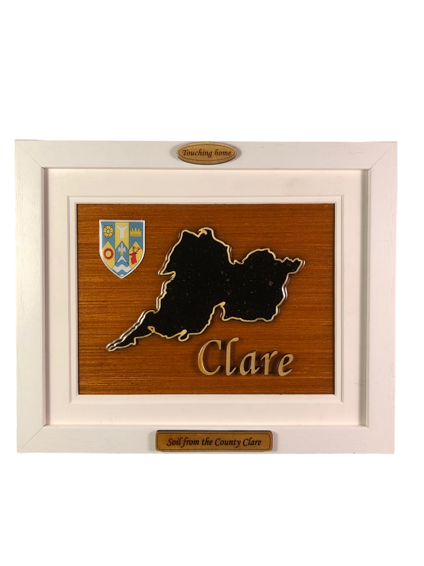 County Clare wood raised border style plaque with authentic Clare soil encased and displayed within