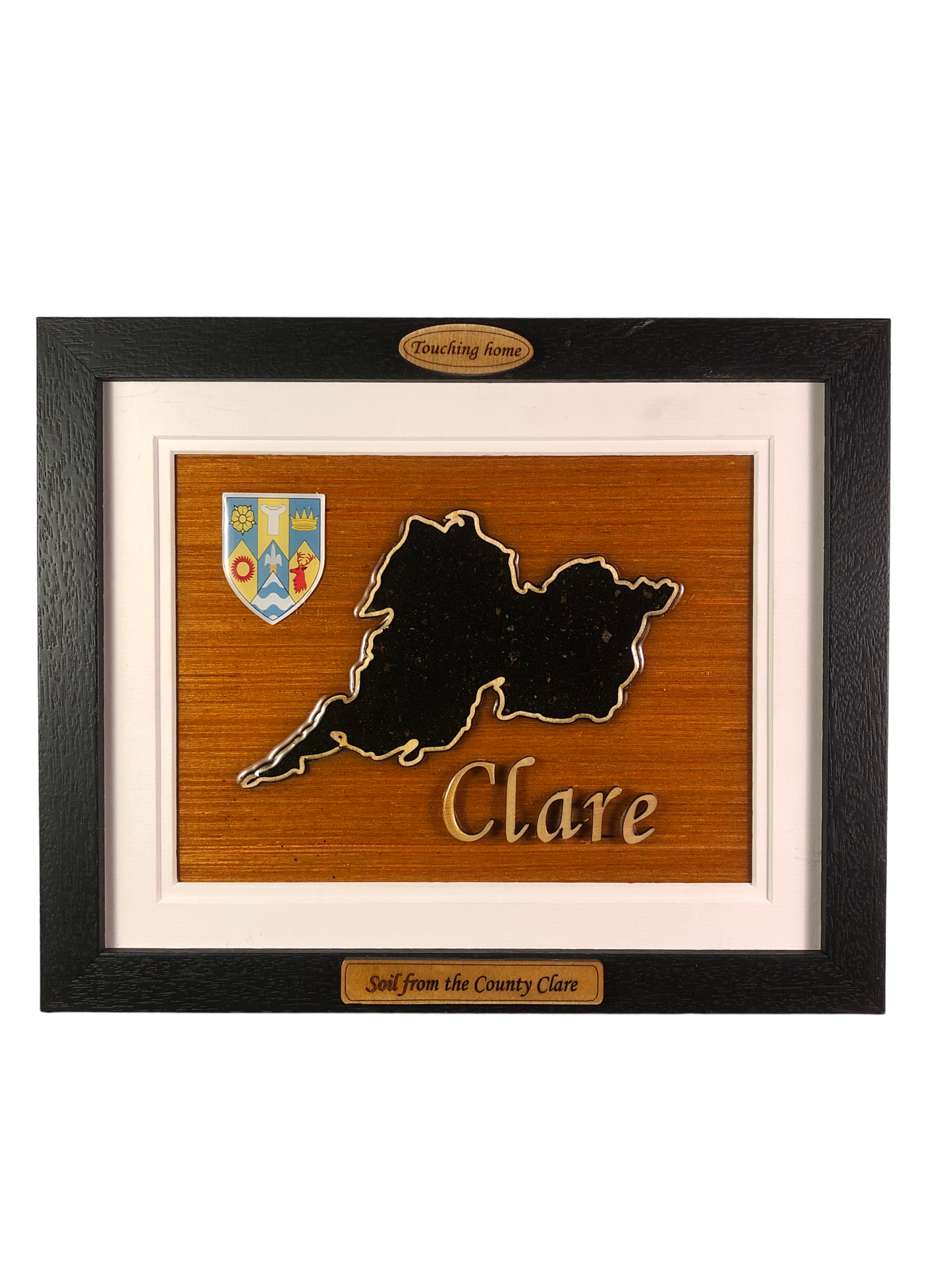 County Clare wood raised border style plaque with authentic Clare soil encased and displayed within