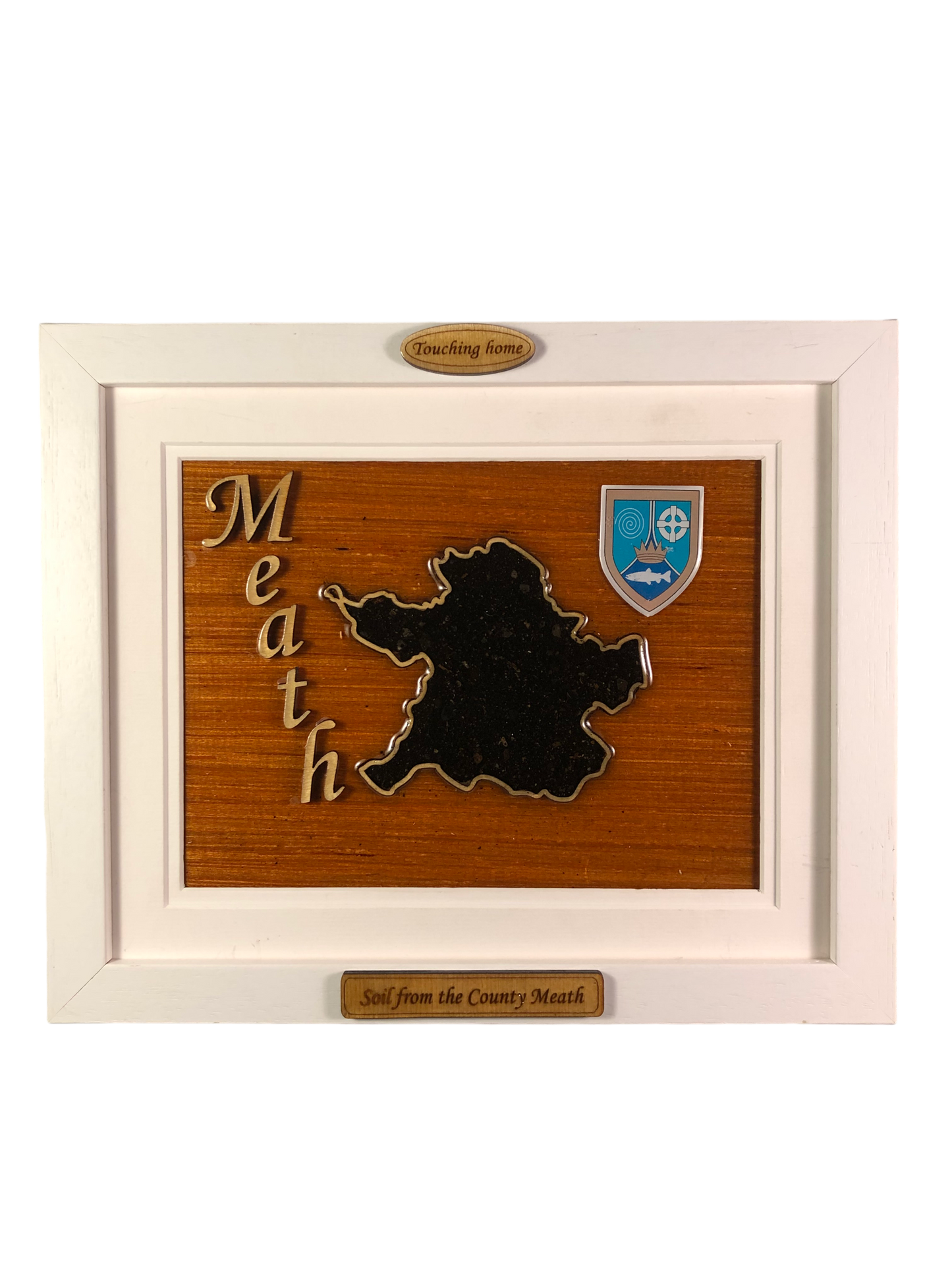 County Meath wood raised border style plaque with authentic Meath soil encased and displayed within