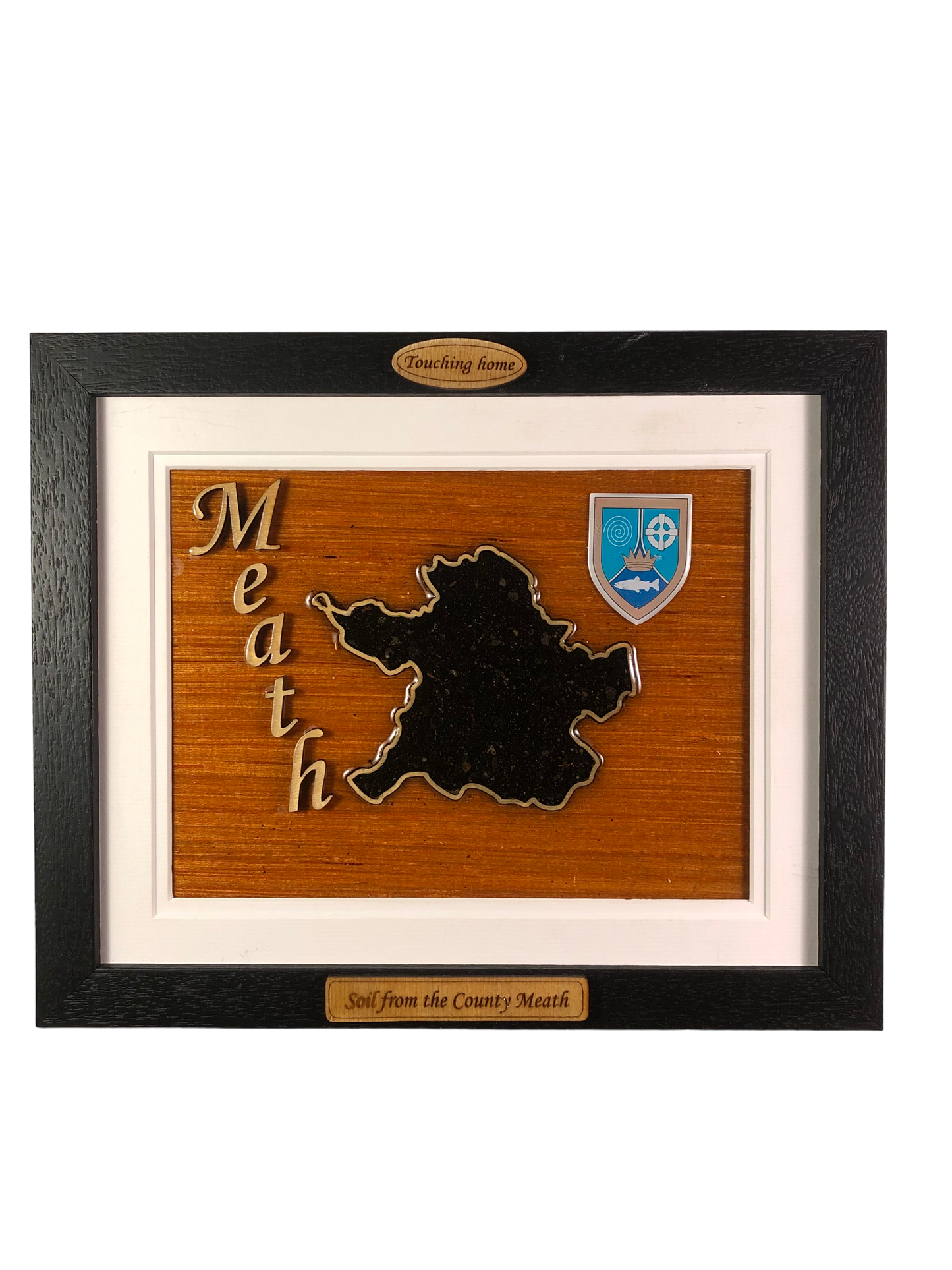 County Meath wood raised border style plaque with authentic Meath soil encased and displayed within